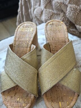 Donald J. Pliner Gold Crisscross Cork Wedge Mules